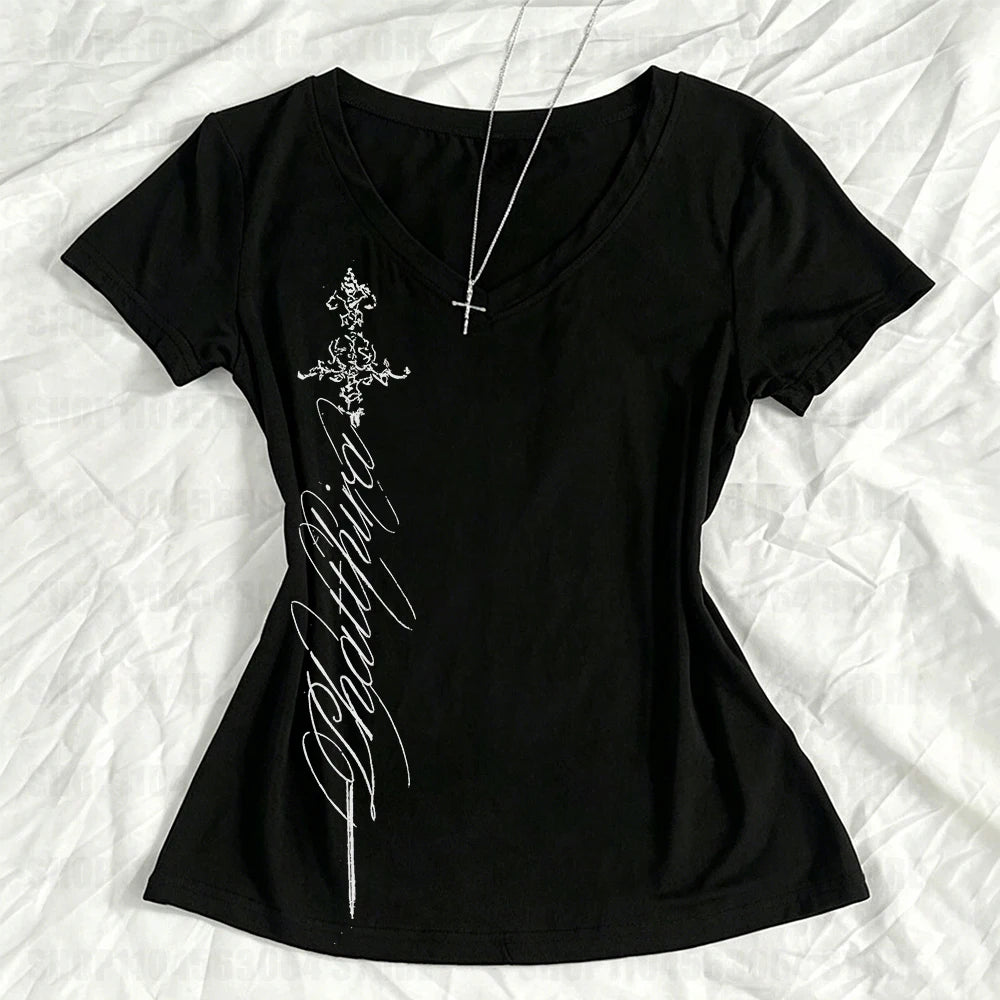 T Shirts Women V Neck Slim Vintage Printing Elegant Grunge Goth...