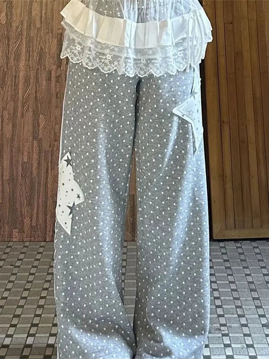 American Stars Print Sweatpants Women Loose Preppy Style Vintage Gray Pant Spring Summer High Waist Retro Bf Lace Up Trousers