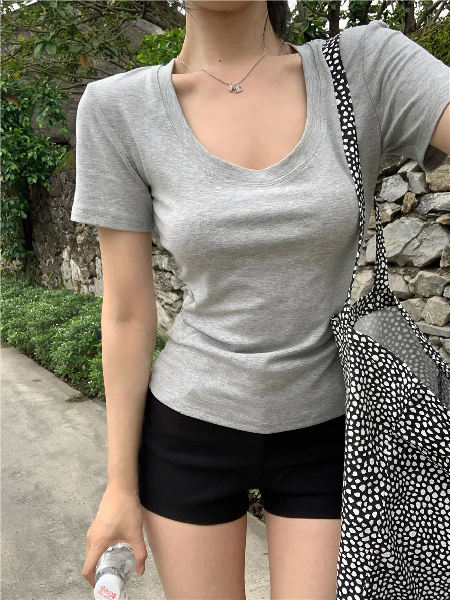 Woman Clothing Short Sleeve T-shirt Slim Fit Tops Female U-Neck...