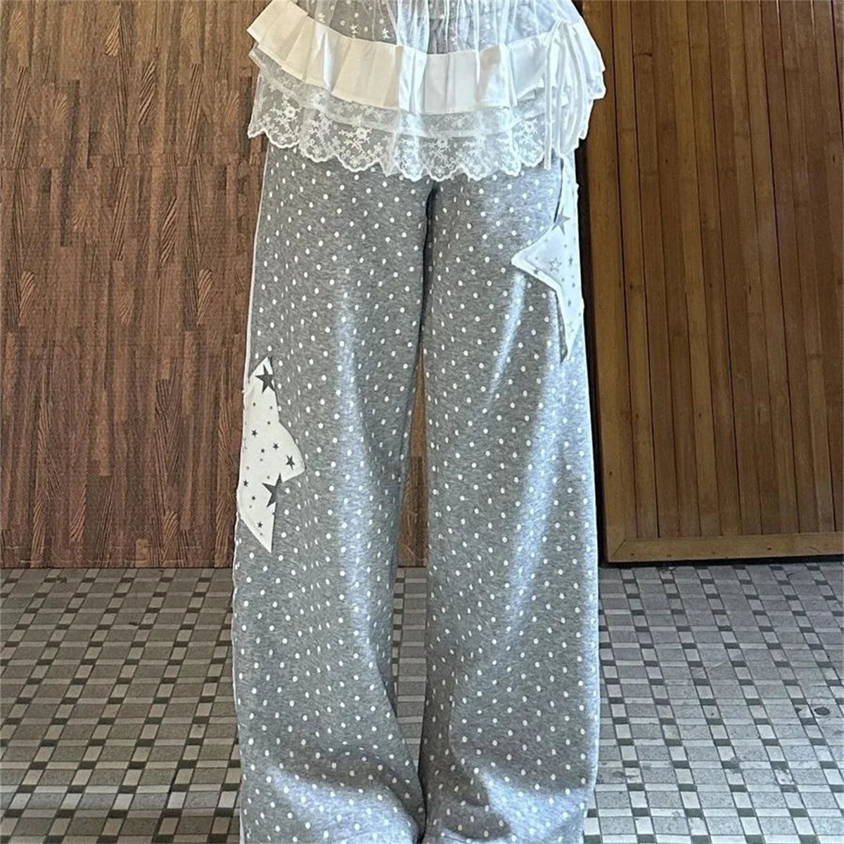 American Stars Print Sweatpants Women Loose Preppy Style Vintage Gray Pant Spring Summer High Waist Retro Bf Lace Up Trousers
