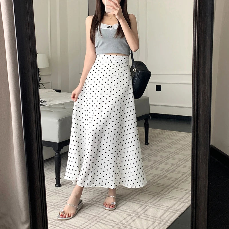 Black White Polka Dot Chiffon Long Skirts For Women Spring Summer High Waist A-line Skirt Korean Style Elegant Vintage Skirt