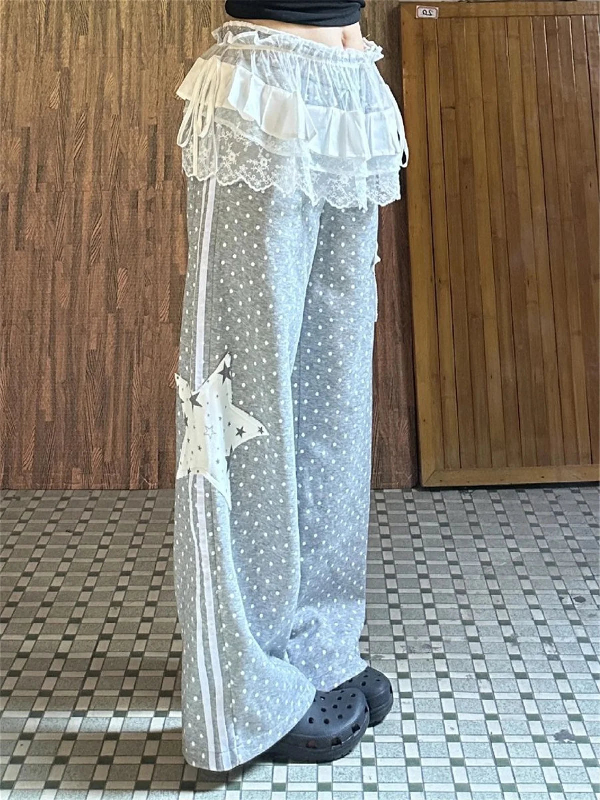 American Stars Print Sweatpants Women Loose Preppy Style Vintage Gray Pant Spring Summer High Waist Retro Bf Lace Up Trousers